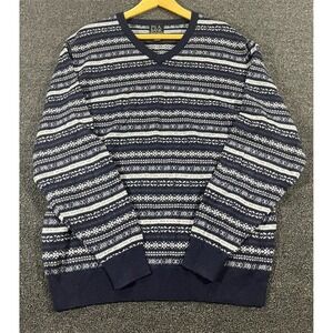 JOS A BANK Mens L V-Neck Fair‎ Isle Sweater 80 Lambswool Navy White